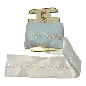 Vintage Organza Sheer Trim Petite Floweres Blue Floral Ribbon Roll 3 1/8” Wide